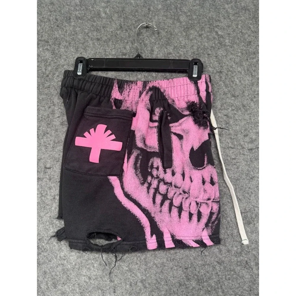 Unknown Brand Skull Graphic Distressed Sweat Shorts Black Pink Streetwear Mens